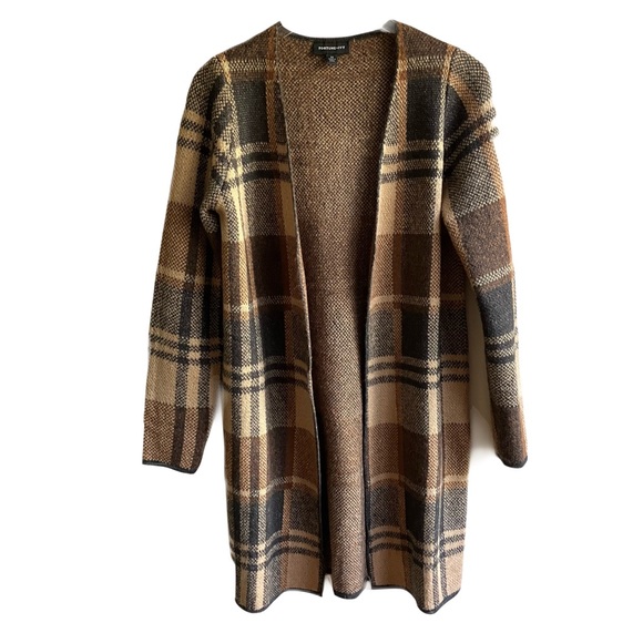 Fortune & Ivy Brown Plaid Cardigan Sweater Size M Open Front Knit Academia Comfy - Picture 3 of 8